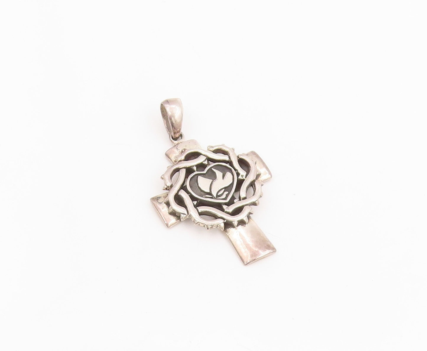 925 Sterling Silver Vintage Pendant Thorn Wrapped Dove & Heart Cross  PT25613