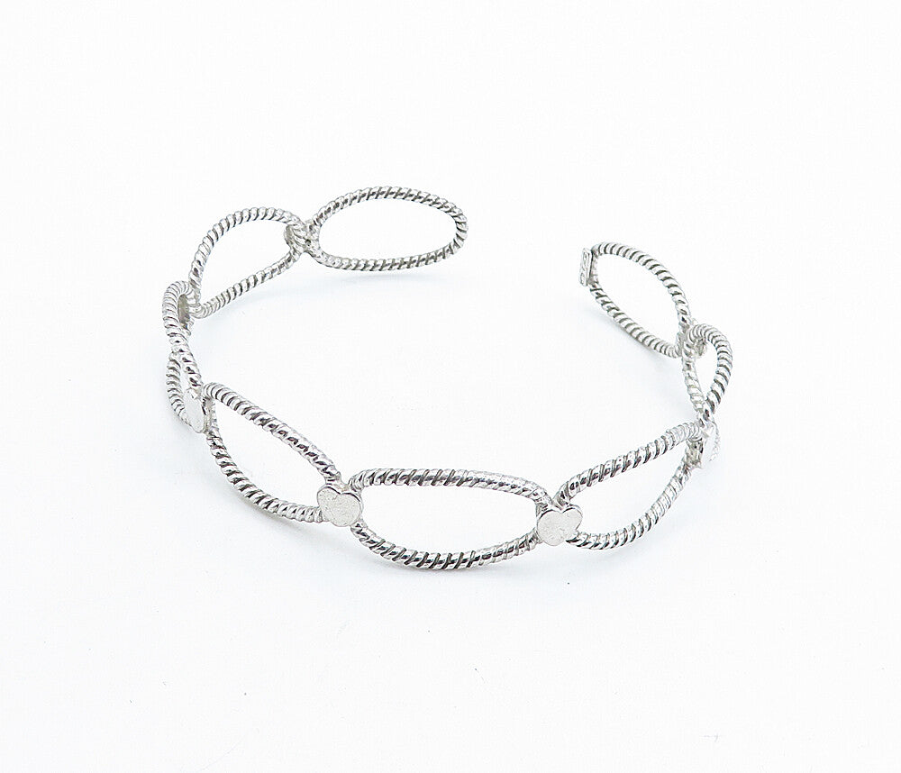 925 Sterling Silver  Shiny Love Heart Open Twist Design Cuff Bracelet  BT2441