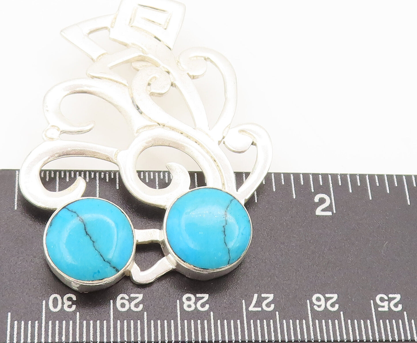 MEXICO 925 Sterling Silver  Vintage Swirly Cutout Turquoise Pendant  PT22369