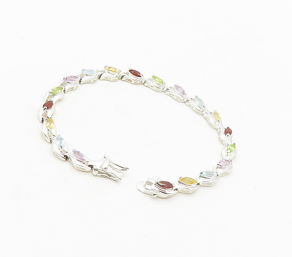 925 Sterling Silver  Topaz Peridot & Amethyst Shiny Chain Bracelet  BT6420