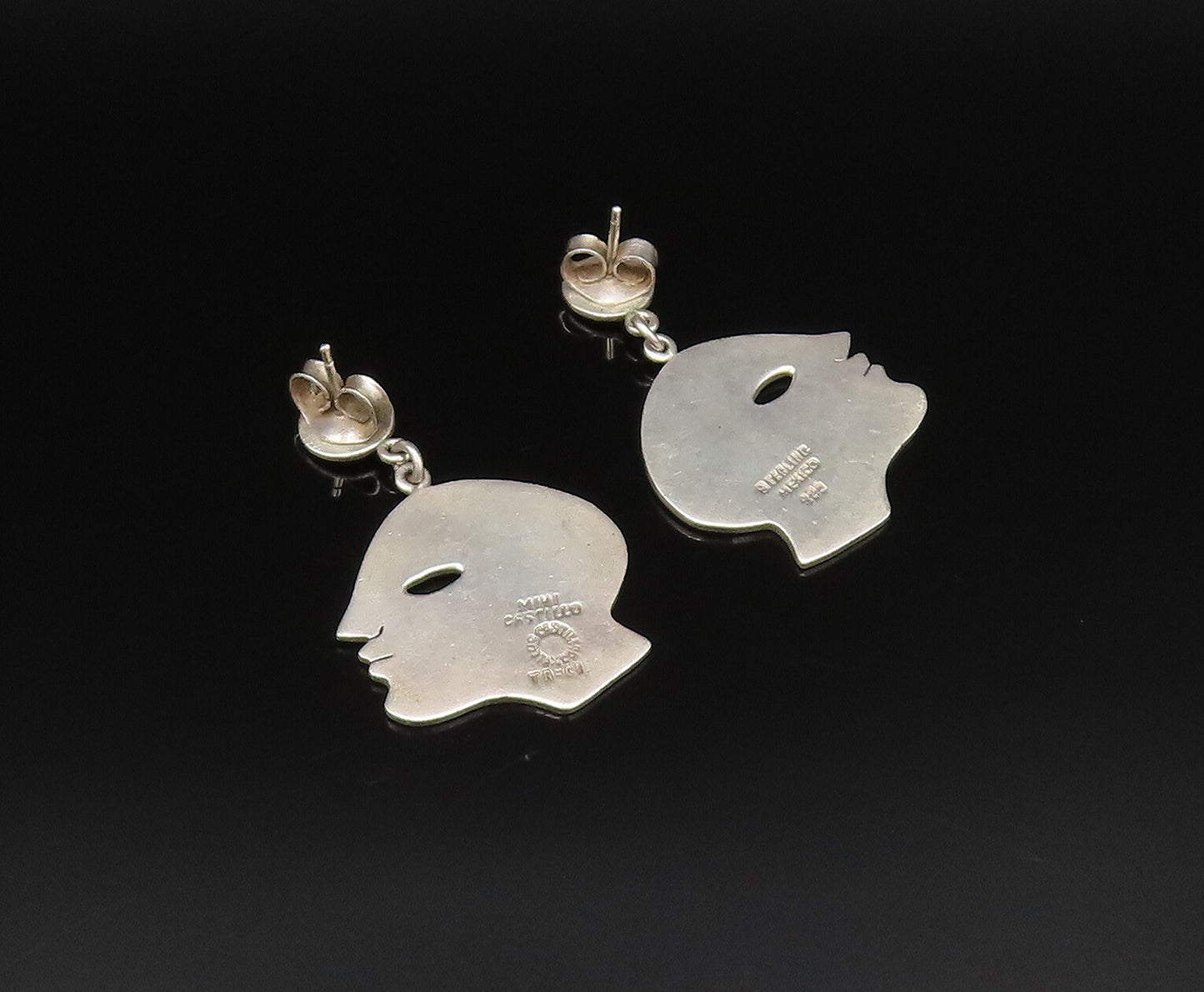 MIMI CASTILLO 925 Silver  Vintage Flat Side Profile Face Earrings  EG12025