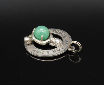 925 Sterling Silver  Vintage Touch Me For Luck Jade Medal Pendant  PT21758