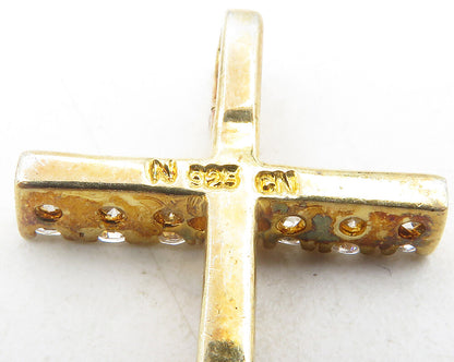 925 Sterling Silver  Shiny Topaz Gold Plated Religious Cross Pendant  PT9477