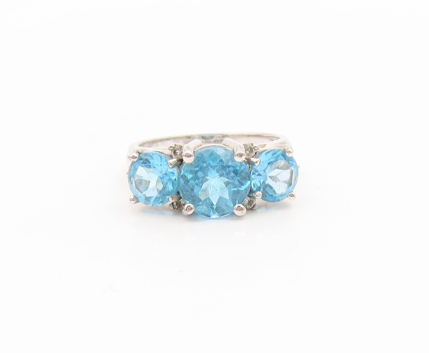 925 Sterling Silver Vintage Ring Three Stone Blue Topaz Band  Sz 7  RG34735