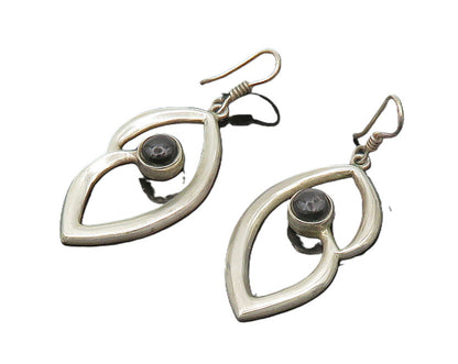 MEXICO 925 Silver  Vintage Cabochon Cut Black Onyx Shiny Drop Earrings  EG9617