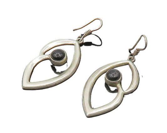 MEXICO 925 Silver  Vintage Cabochon Cut Black Onyx Shiny Drop Earrings  EG9617