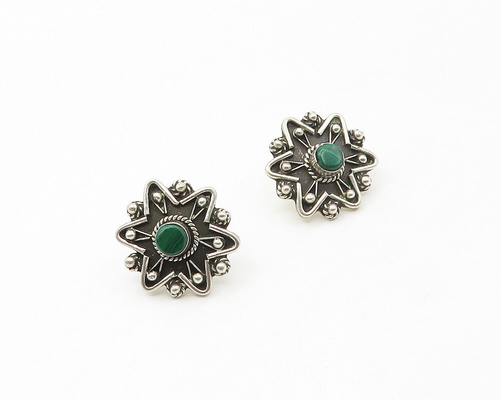 MEXICO 925 Sterling Silver  Vintage Malachite Floral Drop Earrings  EG8894