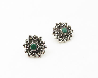 MEXICO 925 Sterling Silver  Vintage Malachite Floral Drop Earrings  EG8894