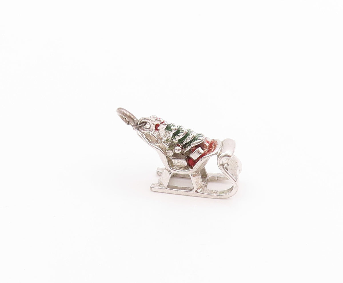 925 Sterling Silver Vintage Pendant Enameled Christmas Tree & Sled Charm PT24688