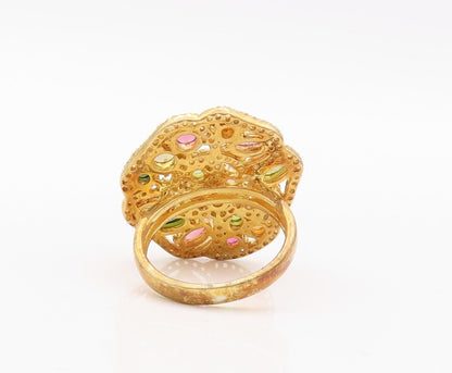 925 Sterling Silver Vintage Ring Gold Plated Cabochon Gemstones  Sz 7  RG29973