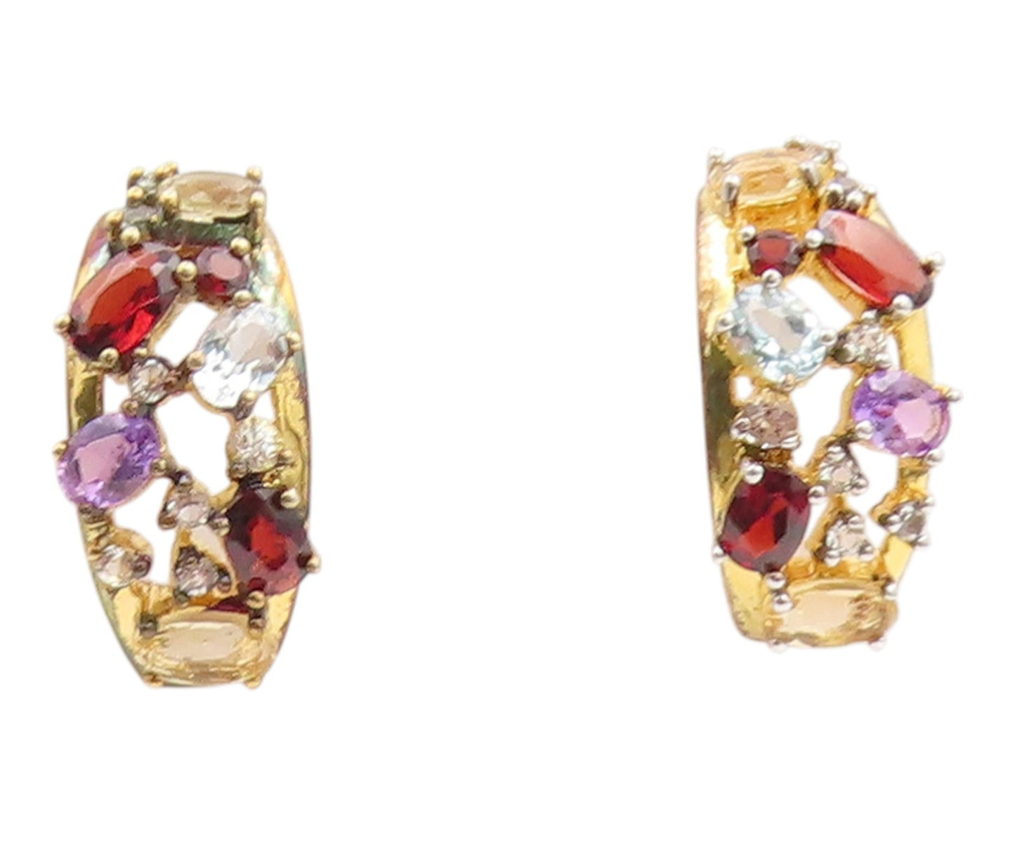 925 Sterling Silver Vintage Earrings Gold Plated Multi Gemstone Hoops  EG14325