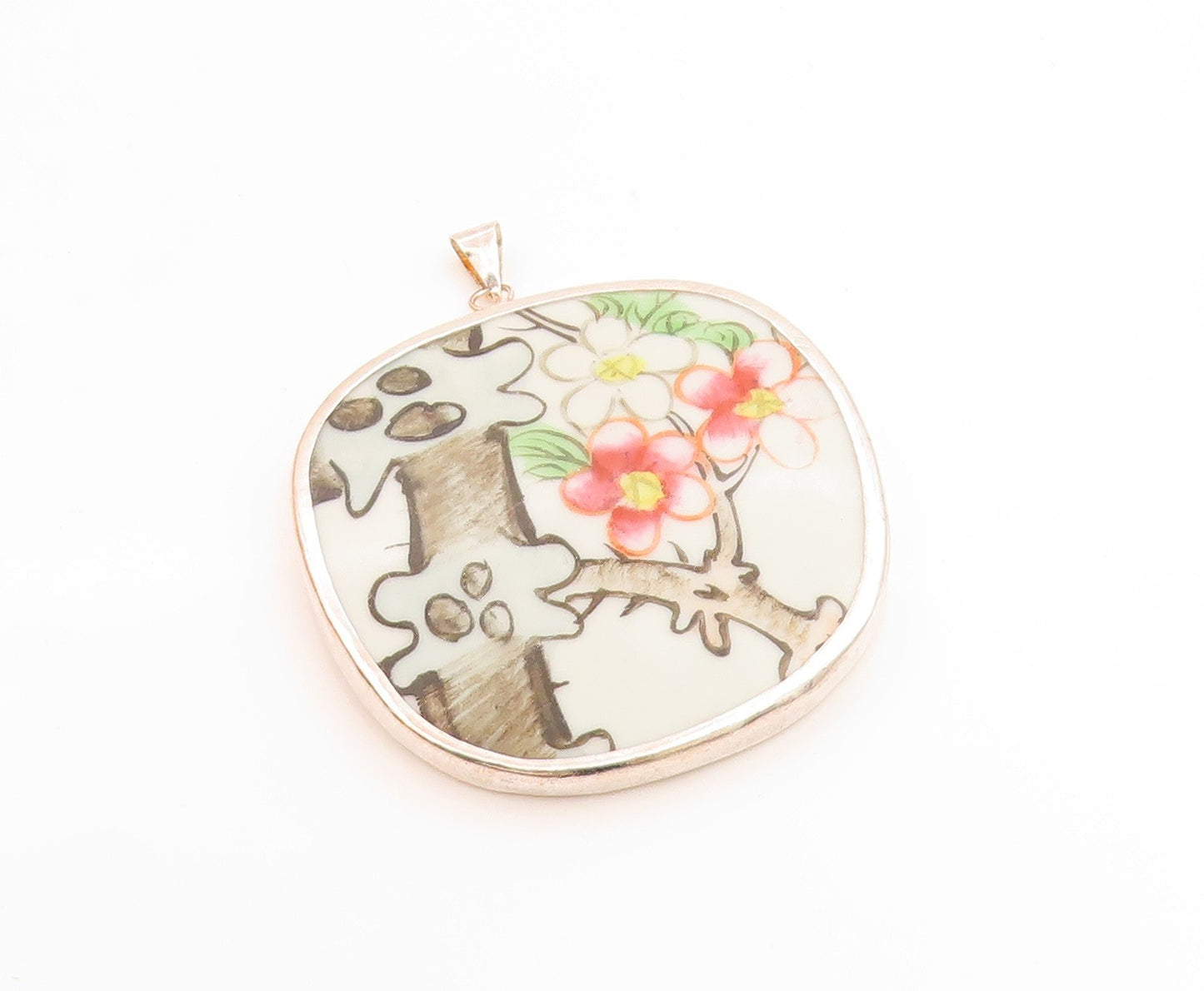 925 Sterling Silver Vintage Pendant Enamel Cherry Blossom Floral Branch  PT3510