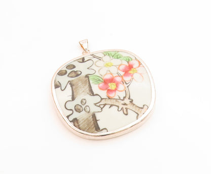 925 Sterling Silver Vintage Pendant Enamel Cherry Blossom Floral Branch  PT3510