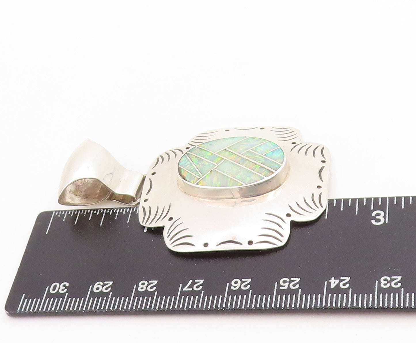925 Sterling Silver Vintage Pendant NAVAJO Fire Opal Inlay Etched Design PT25159
