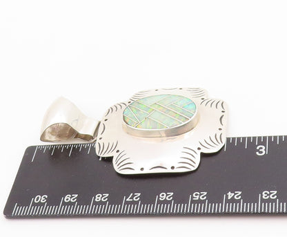 925 Sterling Silver Vintage Pendant NAVAJO Fire Opal Inlay Etched Design PT25159