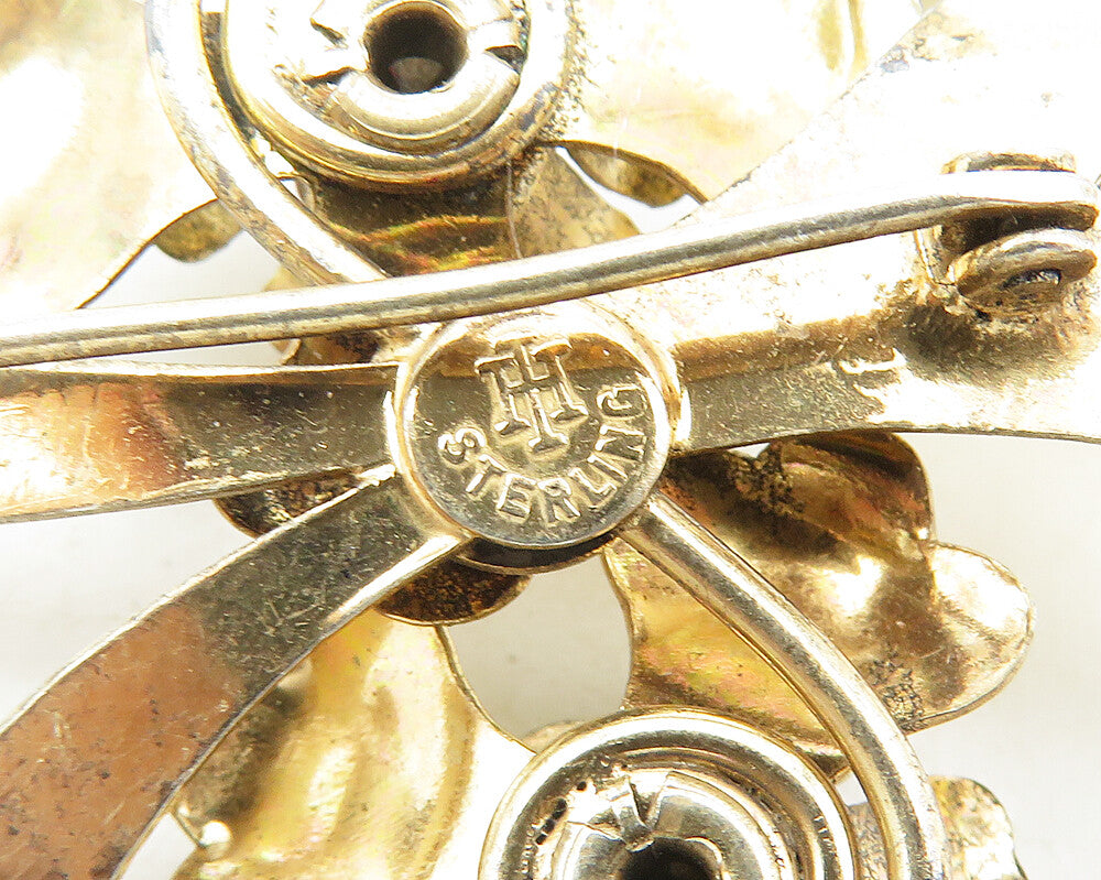 IH 925 Silver  Vintage Red Topaz Shiny Gold Plated Flowers Brooch Pin  BP4291