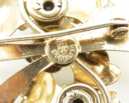 IH 925 Silver  Vintage Red Topaz Shiny Gold Plated Flowers Brooch Pin  BP4291