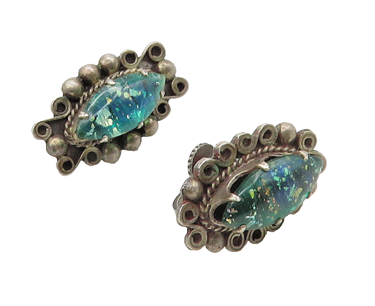 MEXICO 925 Silver  Vintage  Dichroic Glass Swirl Non Pierce Earrings  EG8307