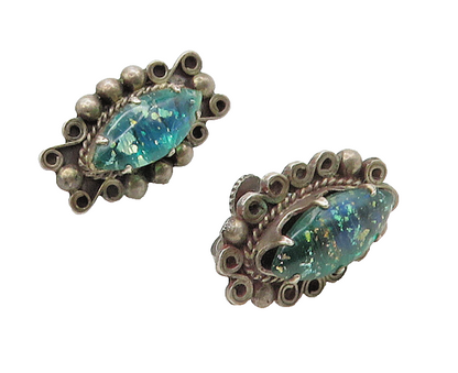 MEXICO 925 Silver  Vintage  Dichroic Glass Swirl Non Pierce Earrings  EG8307