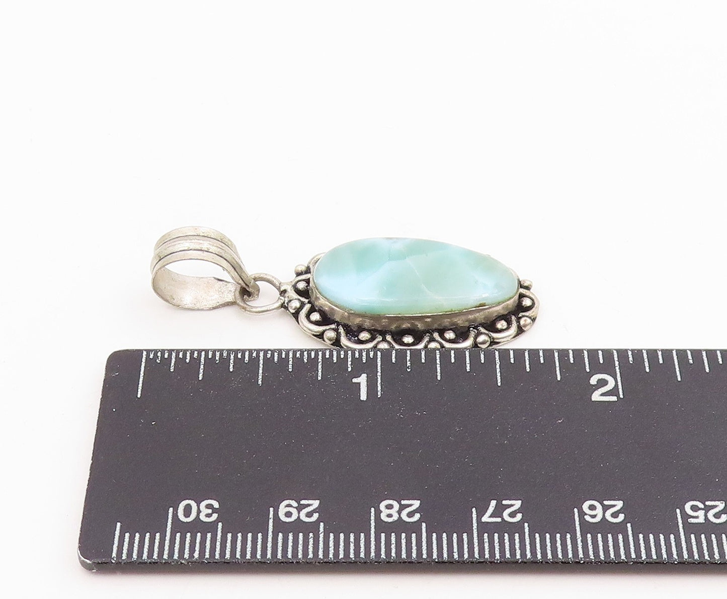 925 Sterling Silver Vintage Pendant Cabochon Larimar Scrollwork Drop  PT25790