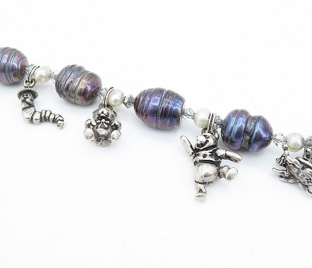 925 Sterling Silver  Vintage Blue & White Pearls Teddy Charm Bracelet  BT2607