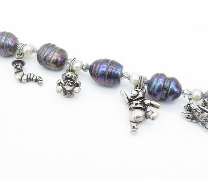 925 Sterling Silver  Vintage Blue & White Pearls Teddy Charm Bracelet  BT2607