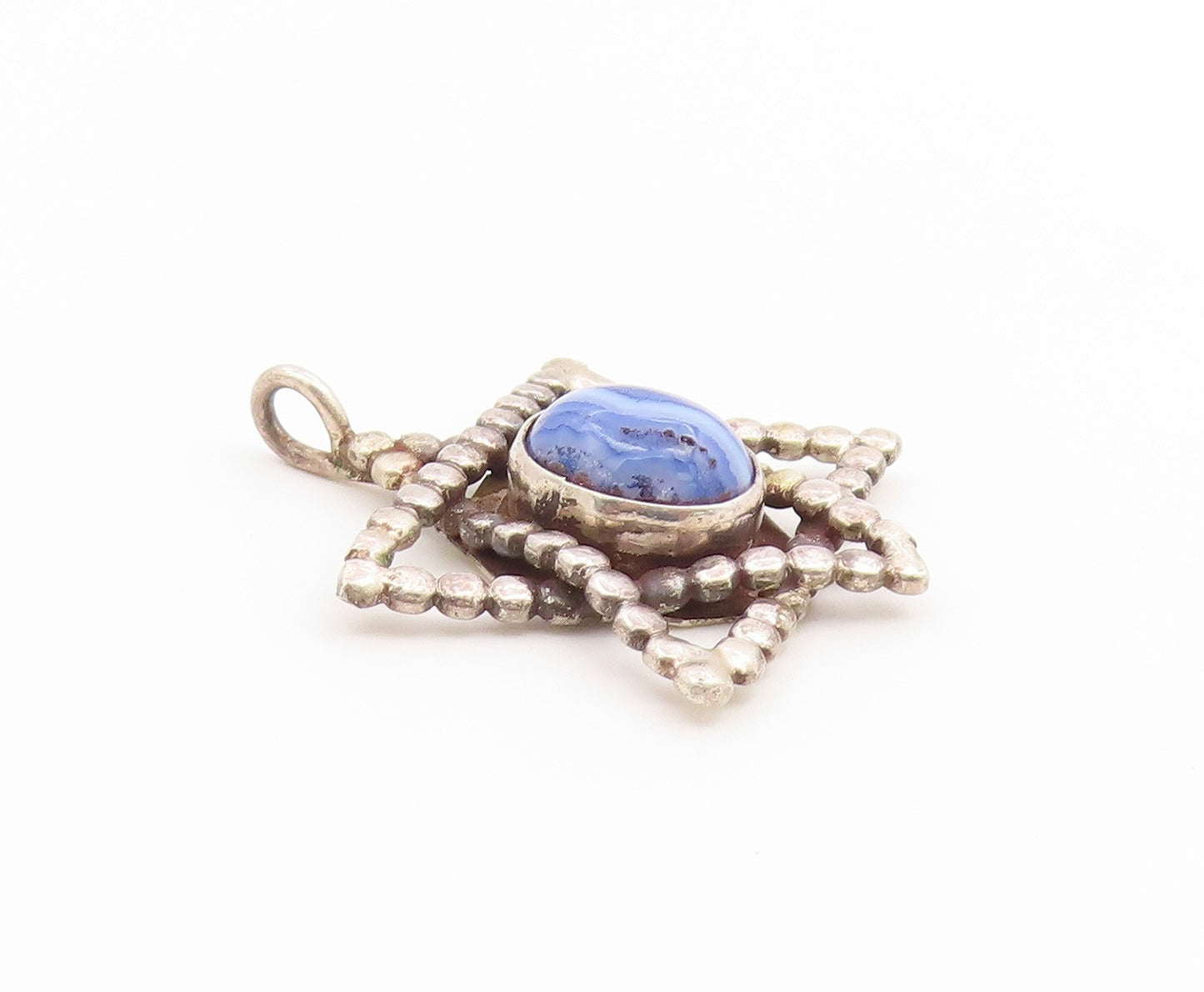 925 Sterling Silver Vintage Pendant Classic Blue Agate Star Of David  PT26655