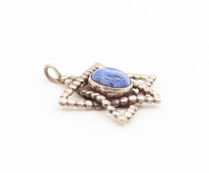 925 Sterling Silver Vintage Pendant Classic Blue Agate Star Of David  PT26655