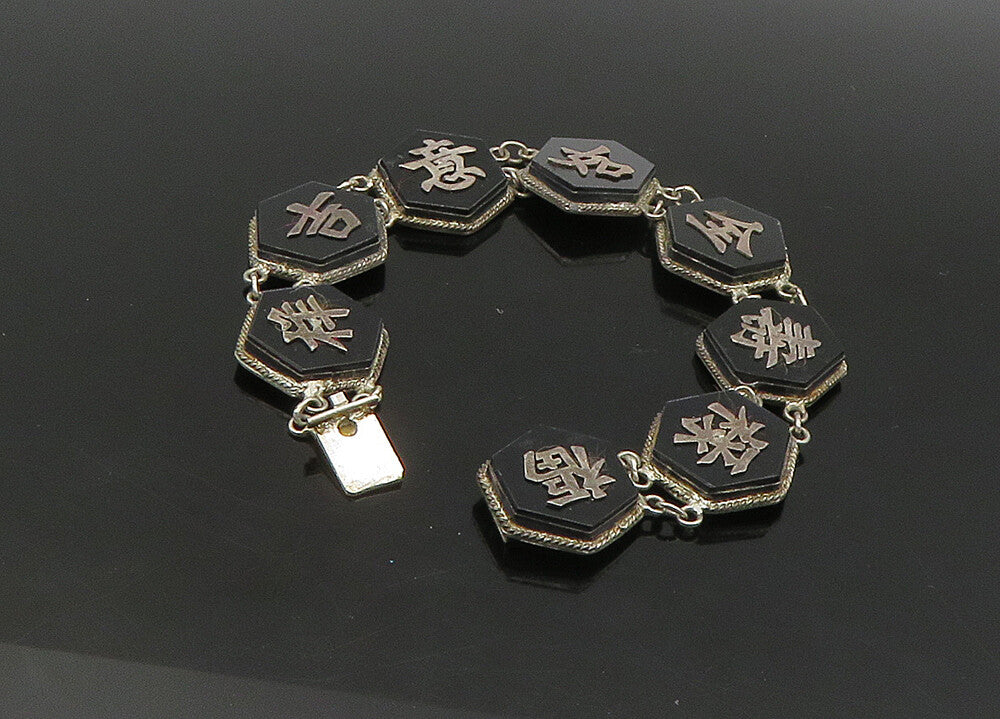 CHINESE 925 Sterling Silver  Vintage Black Onyx Hexagon Chain Bracelet  BT8946