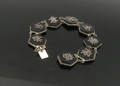 CHINESE 925 Sterling Silver  Vintage Black Onyx Hexagon Chain Bracelet  BT8946