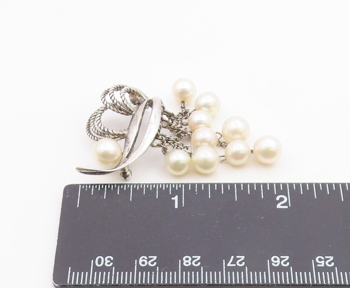 925 Silver  Vintage Curved Abstract Freshwater Pearl Dangle Brooch Pin  BP9975