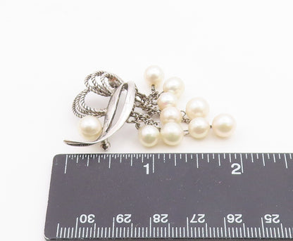925 Silver  Vintage Curved Abstract Freshwater Pearl Dangle Brooch Pin  BP9975