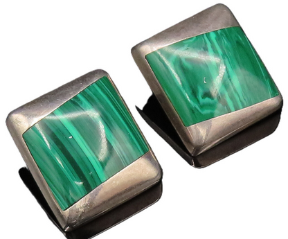MEXICO 925 Silver  Vintage Inlaid Malachite Non Pierced Earrings  EG12197