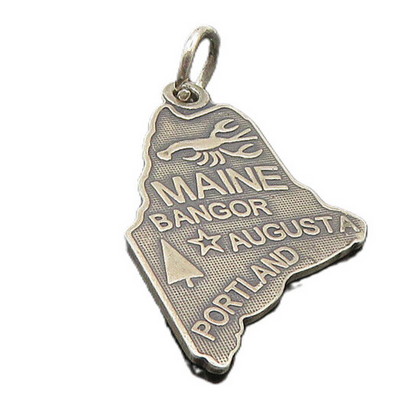 925 Sterling Silver  Vintage Dark Tone Maine State Map Drop Pendant  PT6919