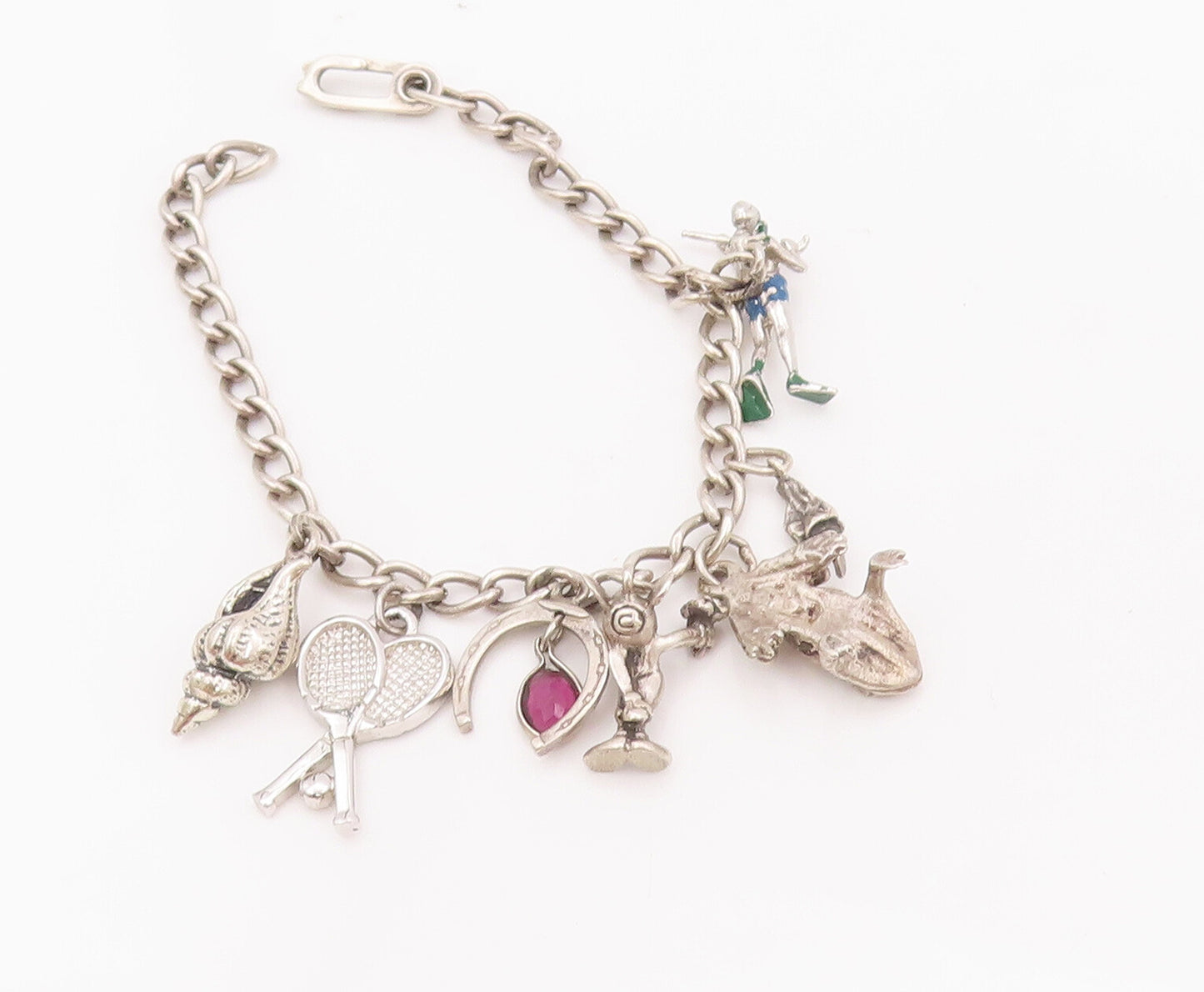 925 Sterling Silver Vintage Bracelet Carved Dangling Charms Amethyst  BT10423