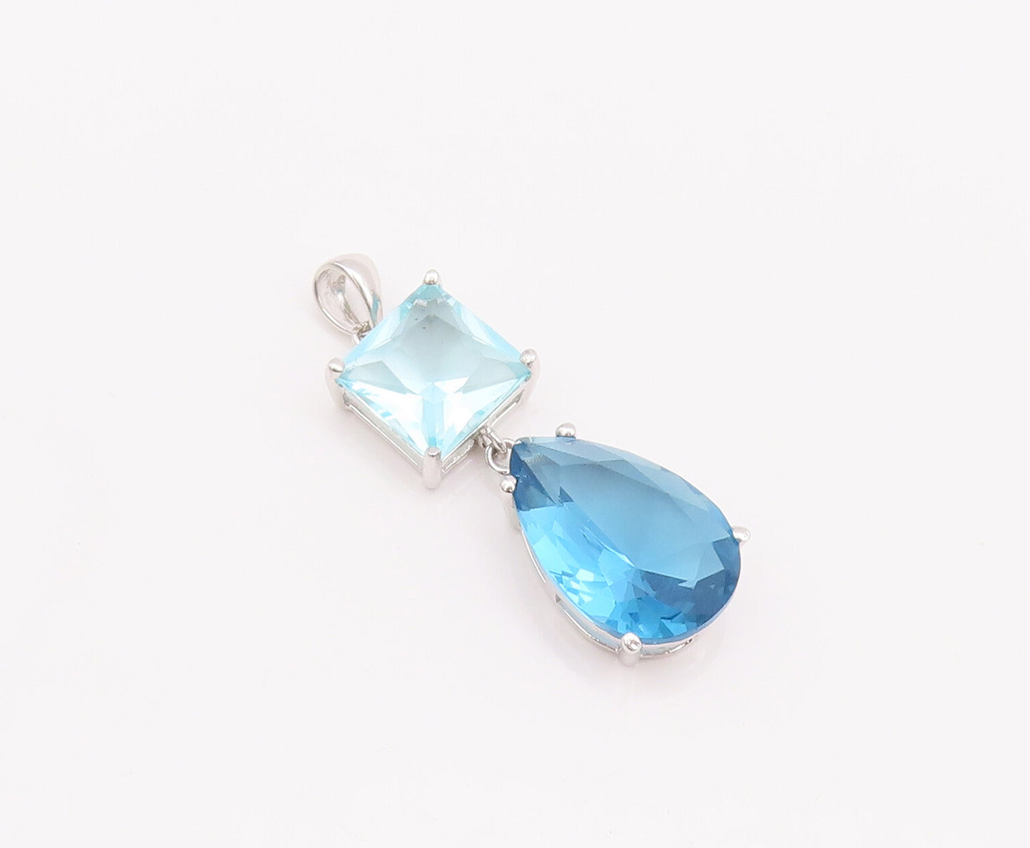 925 Sterling Silver Vintage Pendant Square & Drop Cut Two Tone Blue CZ  PT23077