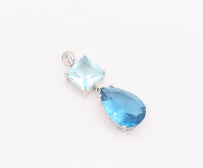 925 Sterling Silver Vintage Pendant Square & Drop Cut Two Tone Blue CZ  PT23077