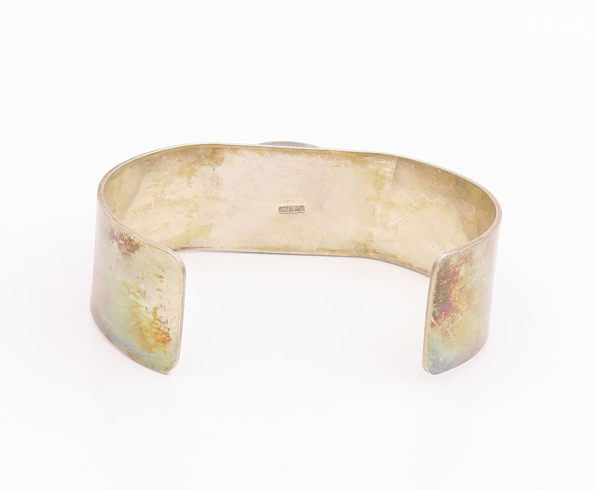 925 Sterling Silver Vintage Bracelet Modernist Cabochon Malachite Cuff  BT11971