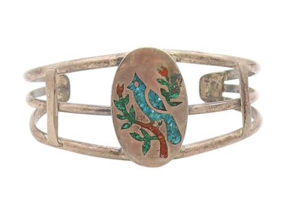 925 Sterling Silver Vintage Bracelet  Crushed Turquoise Bird On Branch   BT11385