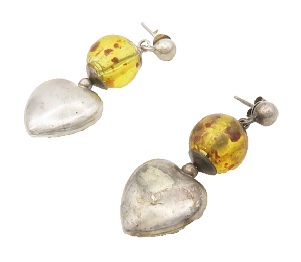 925 Sterling Silver  Vintage Amber Ball Bead Love Heart Drop Earrings  EG8885