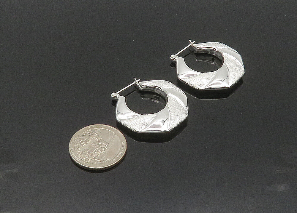 925 Sterling Silver  Vintage Shiny Textured Hollow Hoop Earrings  EG10410