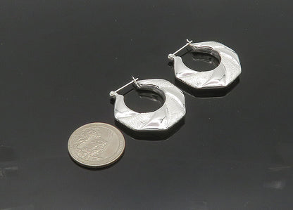 925 Sterling Silver  Vintage Shiny Textured Hollow Hoop Earrings  EG10410