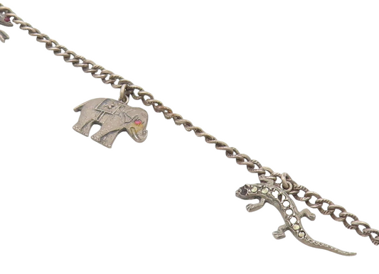 925 Silver  Vintage Antique Marcasite Animal Charmed Chain Bracelet  BT8327