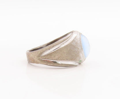 925 Sterling Silver Vintage Ring Minimalist Oval Inlay Blue Cat Eye Sz 8 RG28978