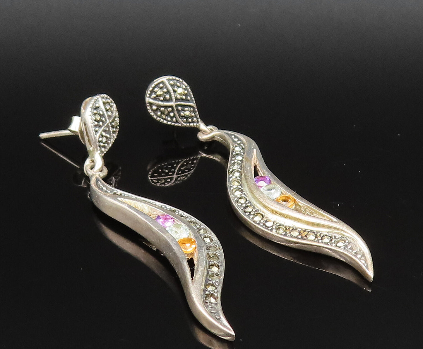 925 Silver  Vintage Amethyst Citrine & Multi Stone Swirl Earrings  EG11890