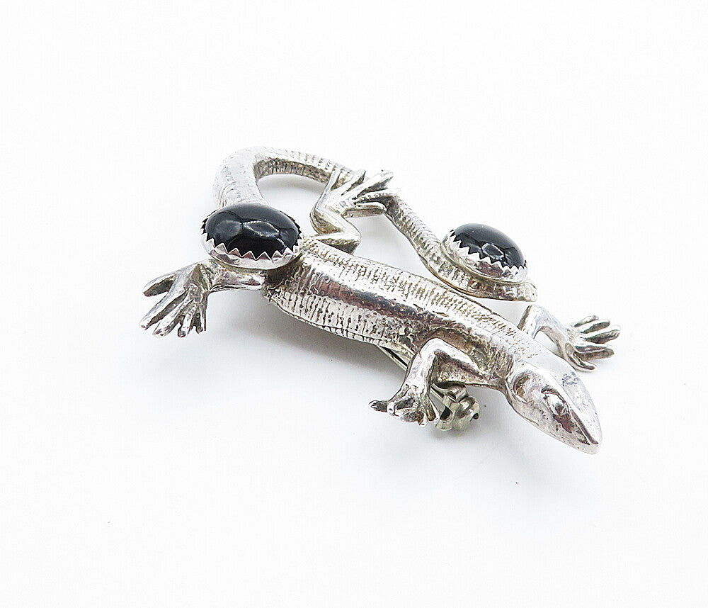 SOUTHWESTERN 925 Sterling Silver Vintage Black Onyx Lizard Brooch Pin BP2811