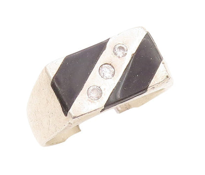 925 Sterling Silver Vintage Ring Solid Onyx & Topaz Inlay  Sz 12  RG31026