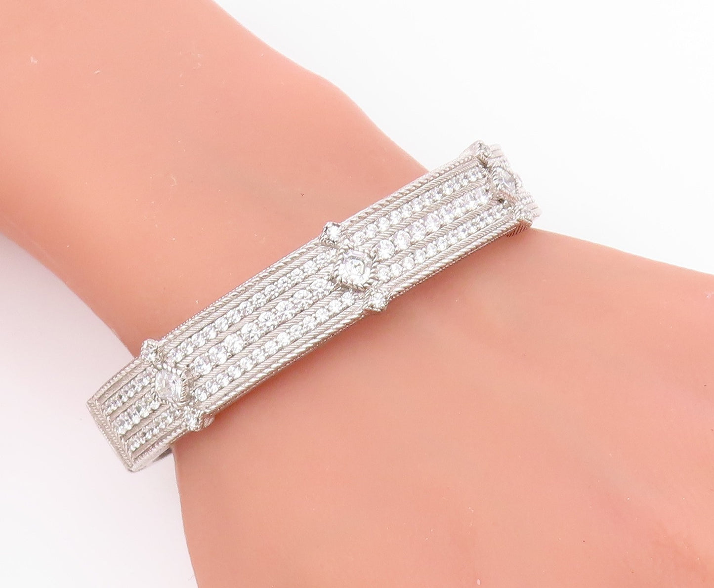 925 Sterling Silver Vintage Bracelet JUDITH RIPKA Elegant CZ Wide Cuff  BT11927