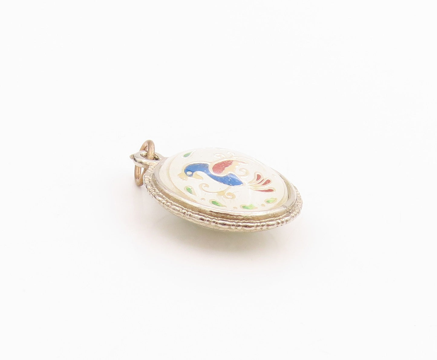925 Sterling Silver Vintage Pendant 2 Side Enameled Flower & Peacock  PT24507