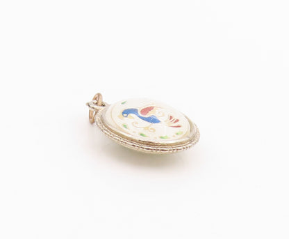 925 Sterling Silver Vintage Pendant 2 Side Enameled Flower & Peacock  PT24507